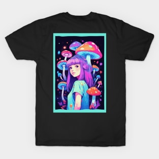 Anime Girl with mushrooms neon design T-Shirt